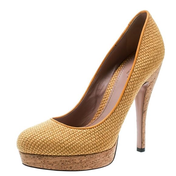 Gucci Yellow Woven Jute Bumblebee Cork Platform Pumps Size 37 - Picture 1 of 4